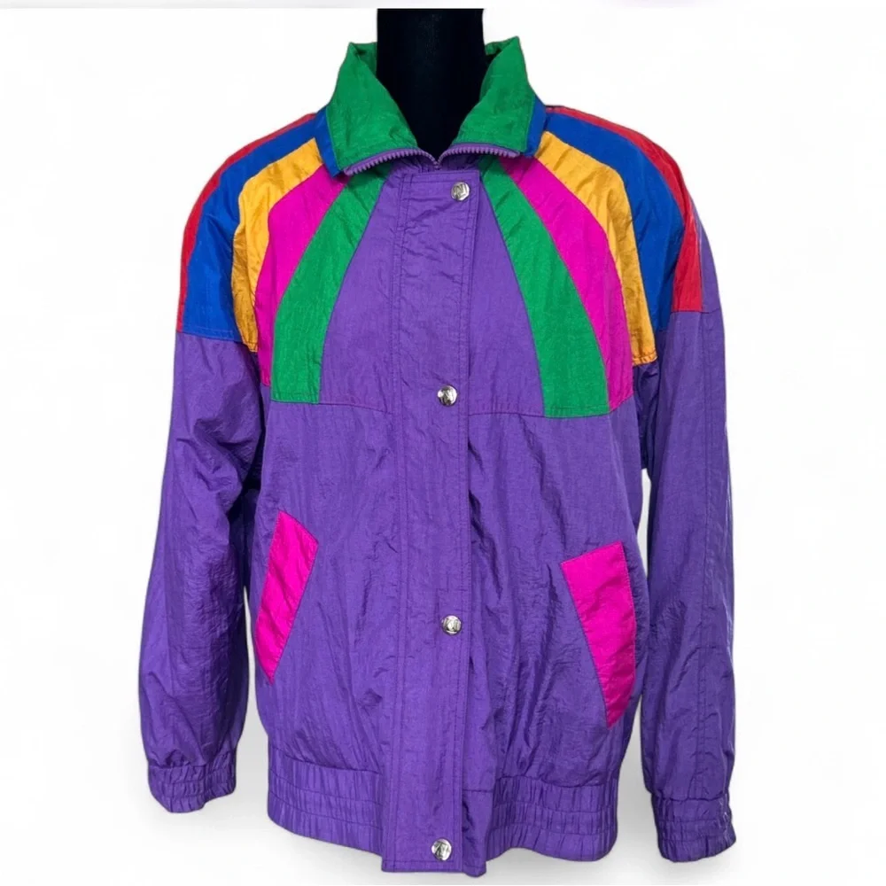 ANDY JOHNS Purple Windbreaker Vintage 80’ Jacke S, Shoulder Pads Zipper & Button